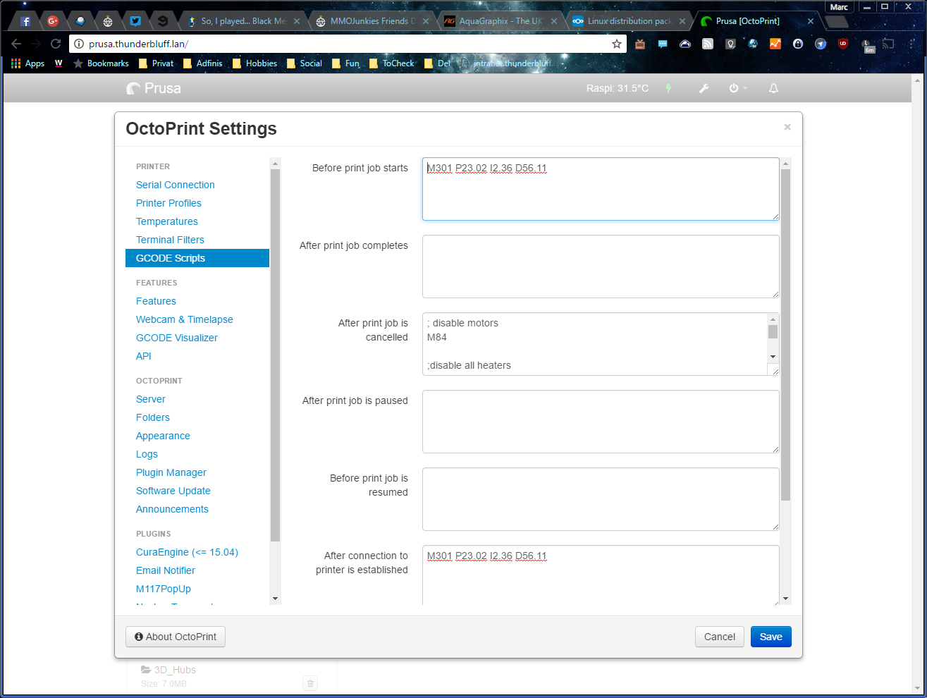 Set g-code octoprint